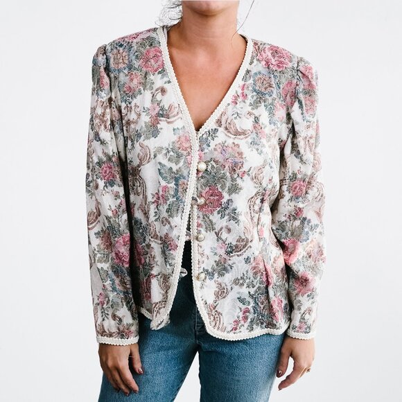 Vintage Floral Button Up Jacket with Tie Back - L - Picture 1 of 7